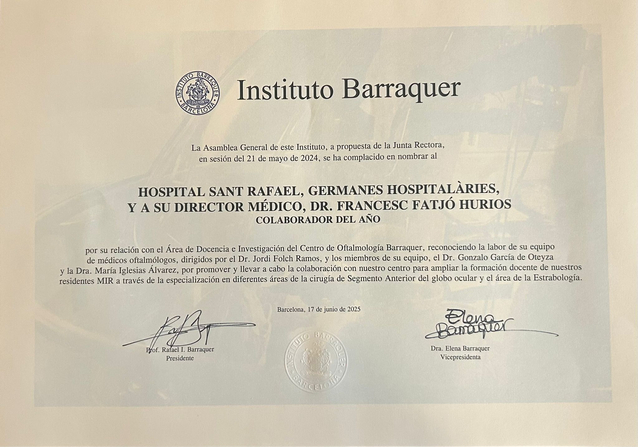Fundacio-Hospitalaries-Barcelona-col-laborador-de-any 2024-Institut-Barraquer-1